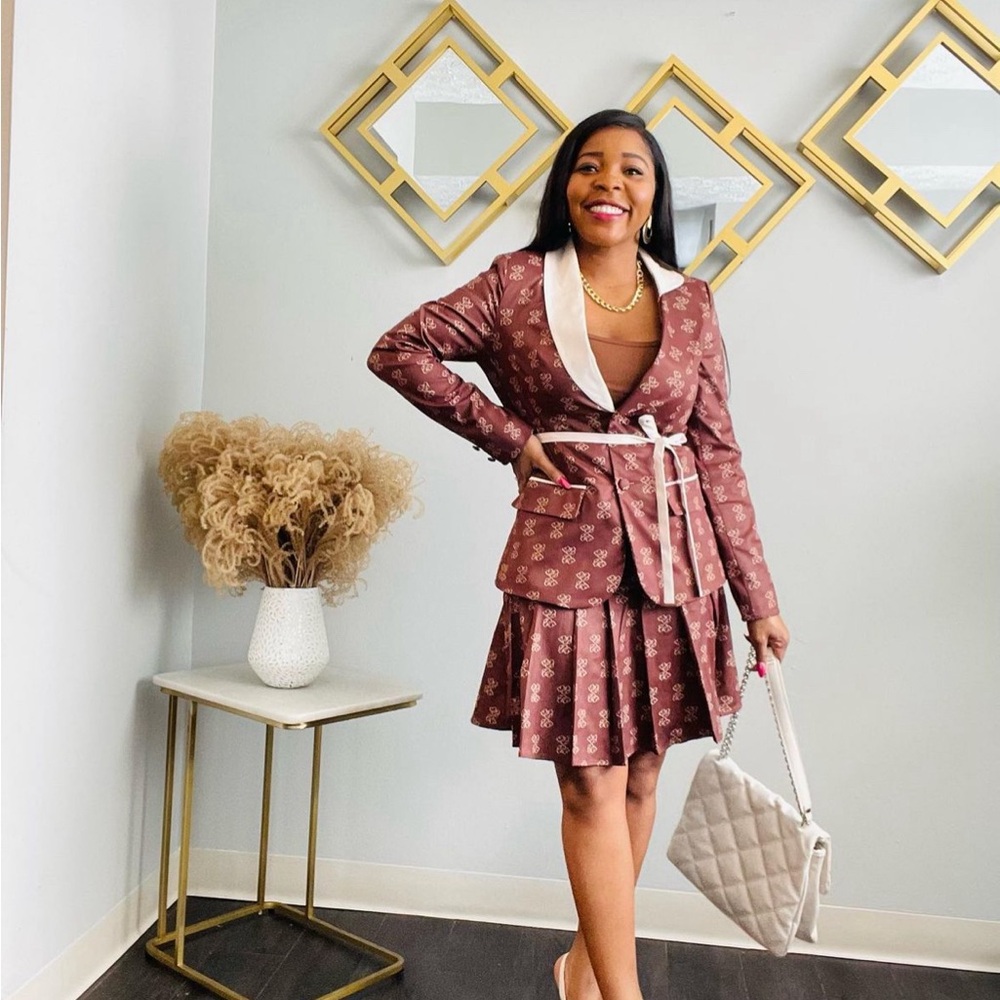 Van Pham Asymmetrical Collar Self Belted Allover Print Blazer & Pleated Skirt